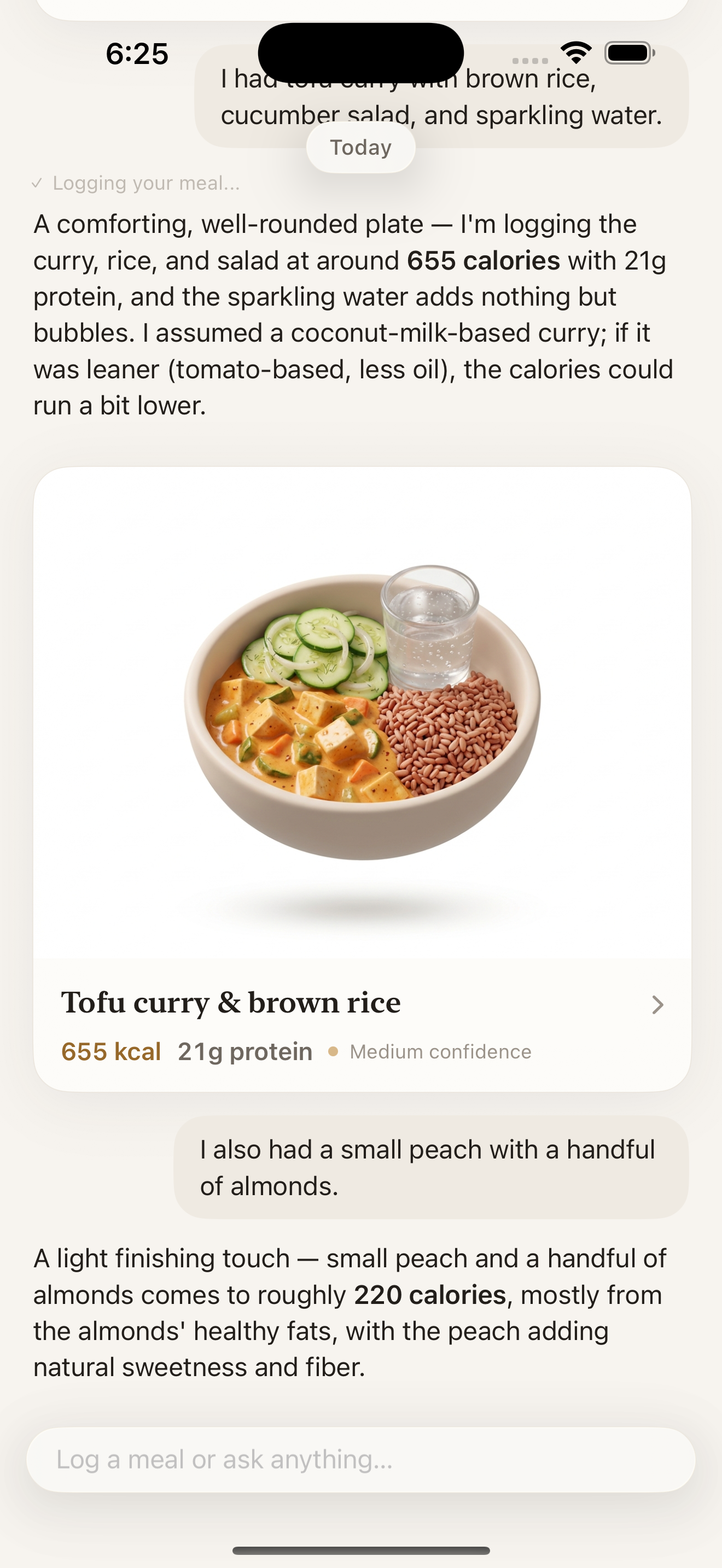 A real logging moment in Kinra: tofu curry and brown rice, logged and estimated at medium confidence, shown as a meal card in one continuous journal.