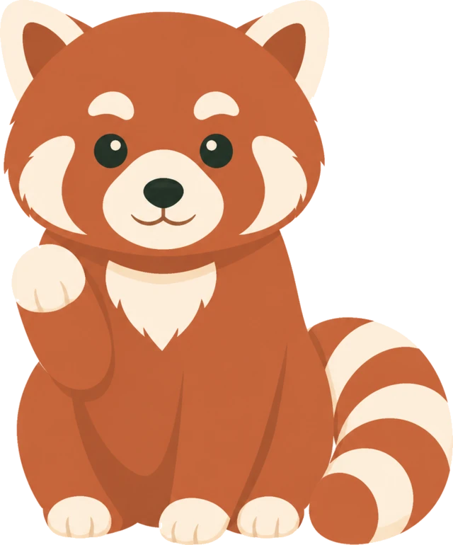 The Kinra companion, a small red panda drawn in flat colour, seated and raising one paw in a calm wave.