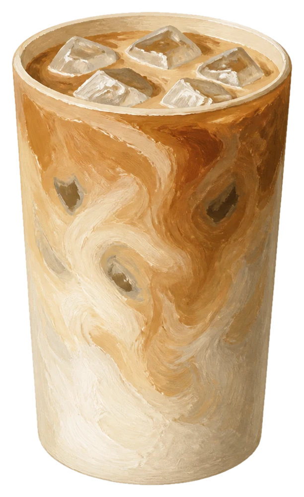 A gouache painting of an iced latte in a tall glass.