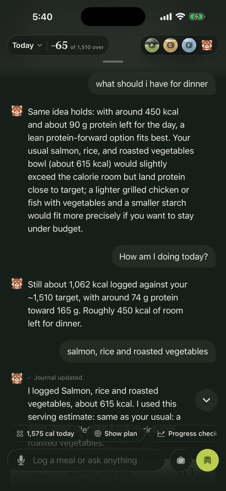 The journal answering 'what should I have for dinner' with a specific suggestion: with about 450 calories and 90 grams of protein still open, a salmon, rice, and roasted vegetables bowl would fit the room left.