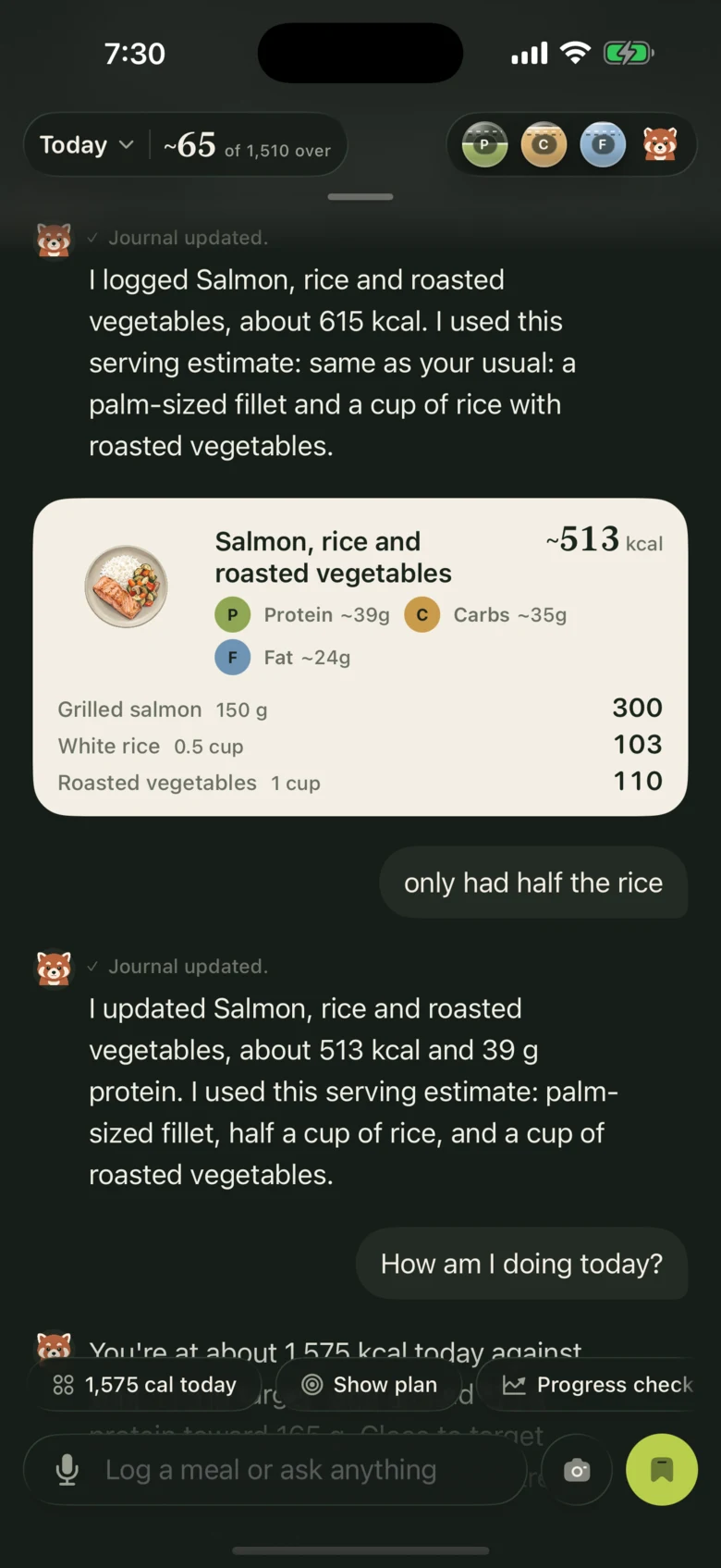 The journal after the person wrote 'only had half the rice': Kinra updated the salmon dinner from about 615 to about 513 calories and 39 grams of protein.