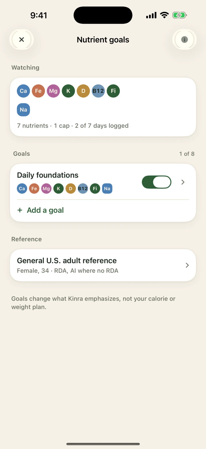 The Nutrient goals screen: watching calcium, iron, magnesium, potassium, vitamin D, and more, with the note that 2 of 7 days are logged, a Daily foundations goal switched on, and the general U.S. adult reference.
