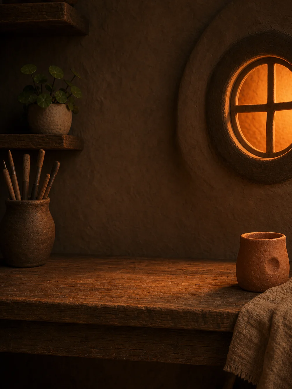 The clay studio at dusk: tools resting in a jar, a round window glowing warm.